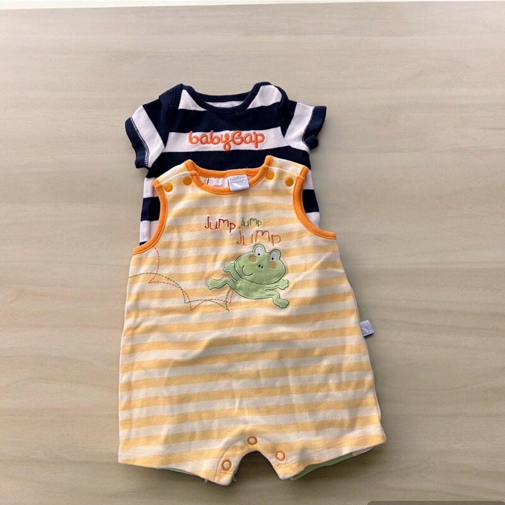 Baby Gap & Baby V Diaper Shirt Set of 2 Jump Frog Striped Short Sleeve Adorable